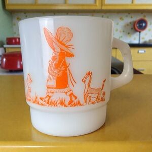 Vintage 60s Termocrisa milk glass Holly Hobby collectible mug, Orange Cutie